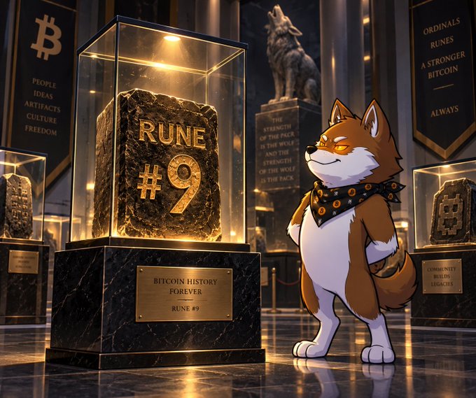 A stylized illustration of a Shiba Inu character wearing a Bitcoin-spiked collar, standing beside a glass display case holding 'RUNE #9' in a museum setting with Bitcoin-themed banners.