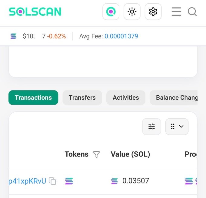 A screenshot of the Solscan blockchain explorer showing a Solana token account with a balance of 0.03507 SOL and an average fee of 0.00001379.