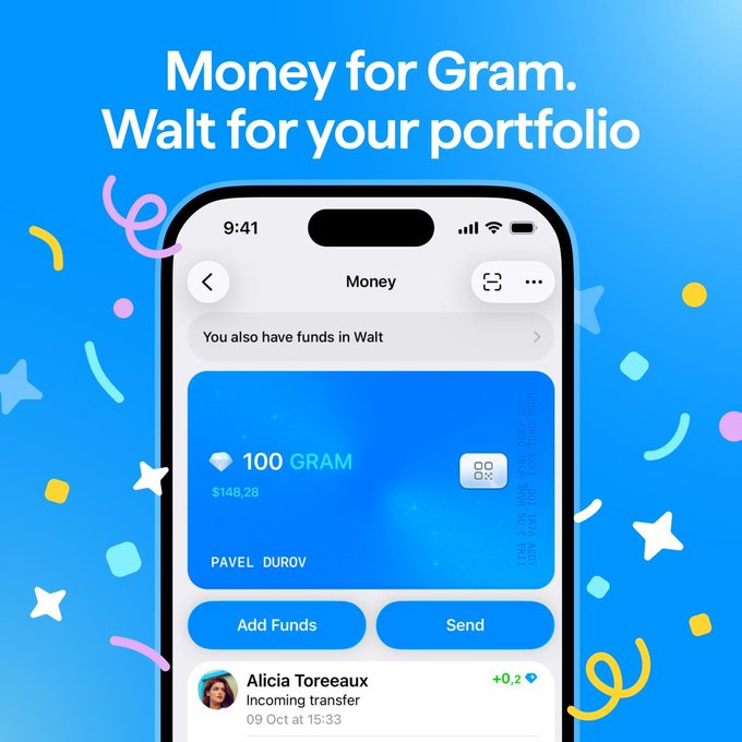 A promotional graphic for Telegram's newly launched "Money" wallet, displaying a smartphone mockup showing a balance of "100 GRAM" (worth $148.28) under the name "PAVEL DUROV," alongside "Add Funds" and "Send" buttons and a recent incoming transfer of "+0.2" from "Alicia Toreeaux." The headline reads "Money for Gram. Wait for your portfolio," tying into Telegram's rollout of its non-custodial crypto wallet feature to its billion-plus users.