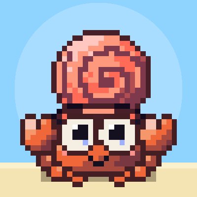 A pixel art illustration of a cute, brown crab-like character with large expressive eyes, set against a light blue background with a circular sun or moon.