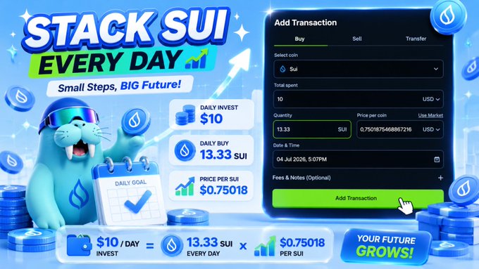 The image is a vibrant blue and green promotional graphic with the title "STACK SUI EVERY DAY" and tagline "Small Steps, BIG Future!" featuring a cartoon seal mascot holding a "Daily Goal" calendar. It illustrates a daily investment breakdown of $10 buying 13.33 SUI at $0.75018 per coin, alongside an "Add Transaction" form showing a Buy of 13.33 SUI at $0.7501875466867216 dated 04 Jul 2026, 5:07PM—all reinforcing the post's day-95 accumulation of 1661.666 SUI through consistent $10 daily USDC investments.
