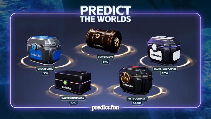 Another predict.fun promotional graphic titled 'PREDICT THE WORLDS' displays various prize items including a Steam Card, Riot Points, Secretlab Chair, Razer Huntsman, and Riftbound Set with their respective dollar values.