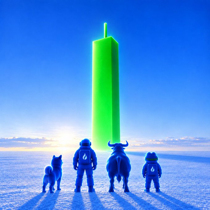 A glowing green obelisk rises above a vast blue landscape, watched by an astronaut, frog-suited figure, dog, and bull — a surreal scene with strong "bullish energy" that perfectly matches the post's call to drop a bullish ticker.