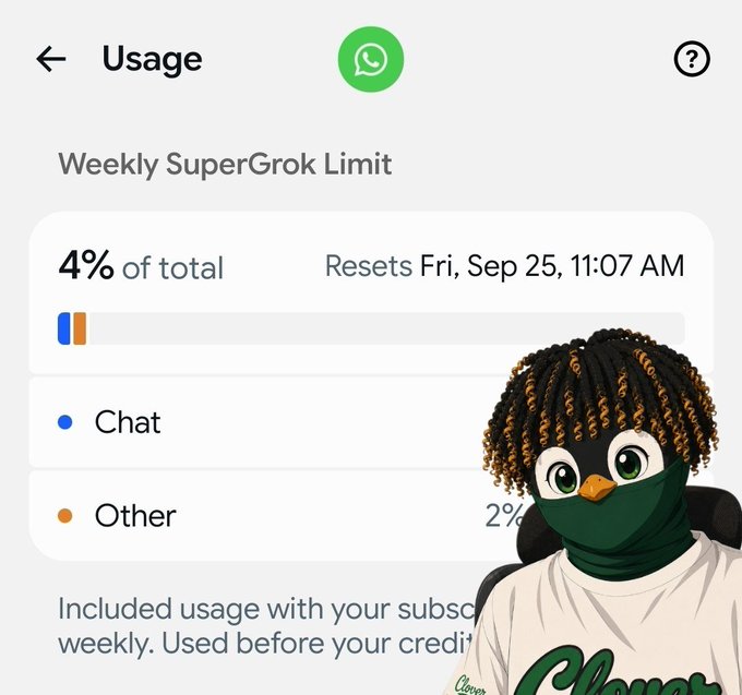 Screenshot of a usage dashboard for 'Weekly SuperGrok Limit' showing 4% of total used, with categories for Chat and Other, overlaid with an avatar of a penguin character wearing a green mask and a white t-shirt.