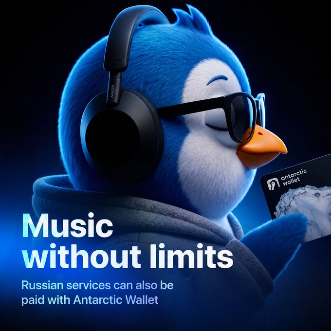 A promotional advertisement featuring a 3D-rendered blue penguin wearing Sony headphones and sunglasses, holding a card labeled 'Antarctic Wallet,' with the text 'Music without limits' and 'Russian services can also be paid with Antarctic Wallet.'
