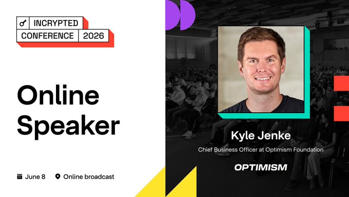 The image features a poster for an online speaker named Kyle Jenke, who is the Chief Business Officer at Optimism Foundation. The poster includes a photo of the speaker and his name displayed prominently. The event appears to be taking place on June 8th at 4:30-5:00 PM UTC.