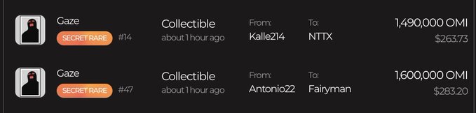 A transaction log showing two NFT collectible sales of 'Gaze' items (#14 and #47, SECRET RARE) traded between users like Kalle214, NTTX, Antonio22, and Fairyrman for prices ranging from 1,490,000 to 1,600,000 OMI ($263.73 to $283.20).