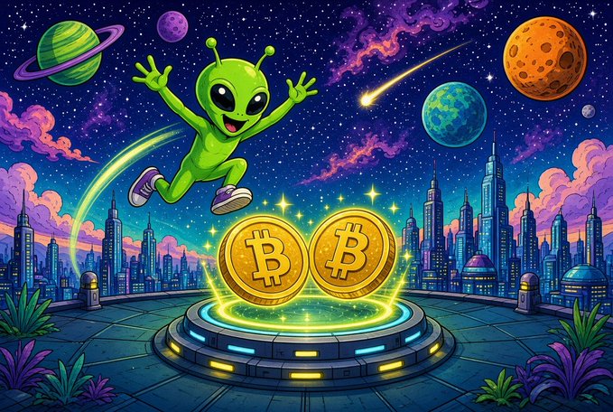 A colorful digital artwork featuring a green cartoon alien jumping joyfully above two large gold Bitcoin coins on a glowing platform, with planets and a city skyline in the background.