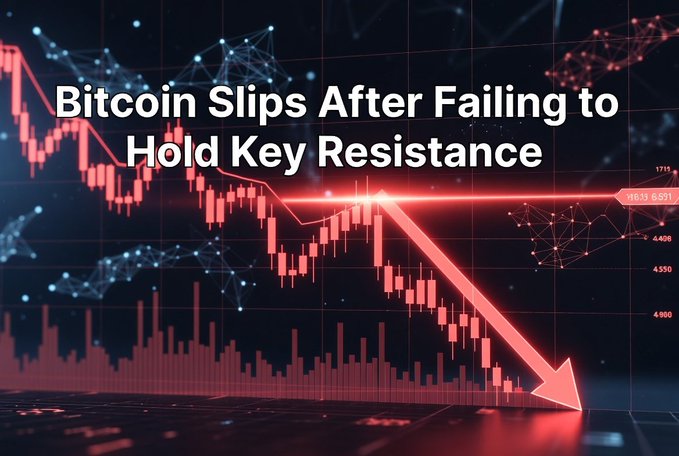 A financial graphic featuring a red candlestick chart with a large red downward arrow, overlaid with the text 'Bitcoin Slips After Failing to Hold Key Resistance'.