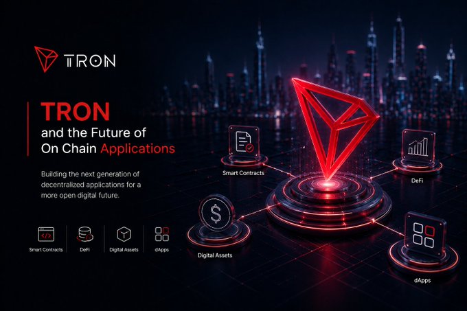 A promotional graphic for the TRON blockchain featuring a glowing red 3D logo over a futuristic cityscape, with the tagline "TRON and the Future of On Chain Applications" and icons representing Smart Contracts, DeFi, Digital Assets, and dApps.