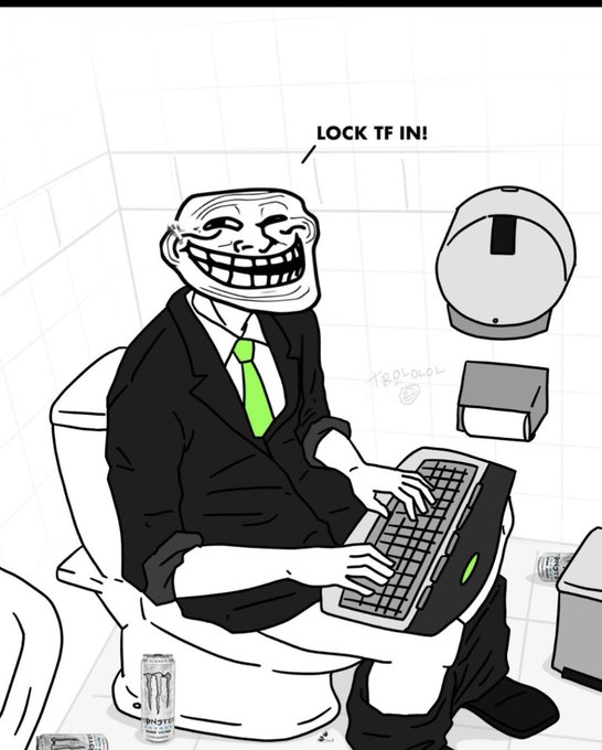 A black and white internet meme illustration of a trollface-headed figure in a suit sitting on a toilet while typing on a laptop keyboard, with the caption 'LOCK TF IN!'.