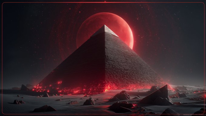 A dramatic digital artwork depicting a dark pyramid with glowing red lava at its base, set against a large red moon in a starry night sky.