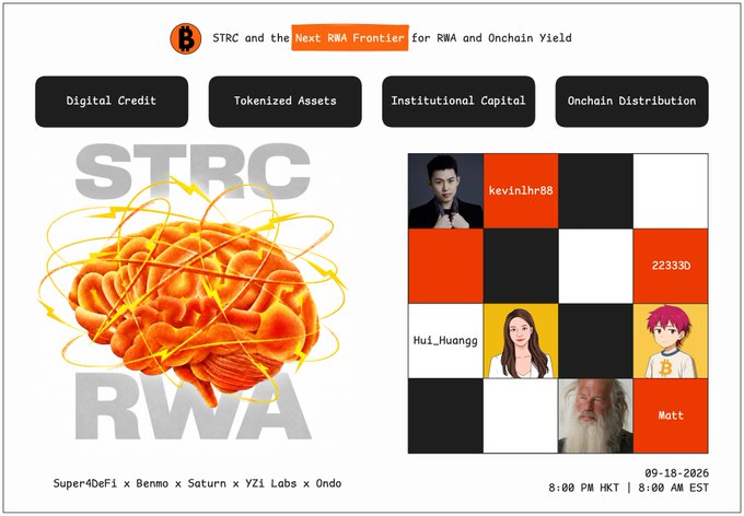 A promotional graphic for 'STRC and the Next RWA Frontier for RWA and Onchain Yield' event dated 09-18-2026, featuring a brain illustration, topics like Digital Credit and Tokenized Assets, and speaker profiles including 'kevinlinhr88' and '22333D'.