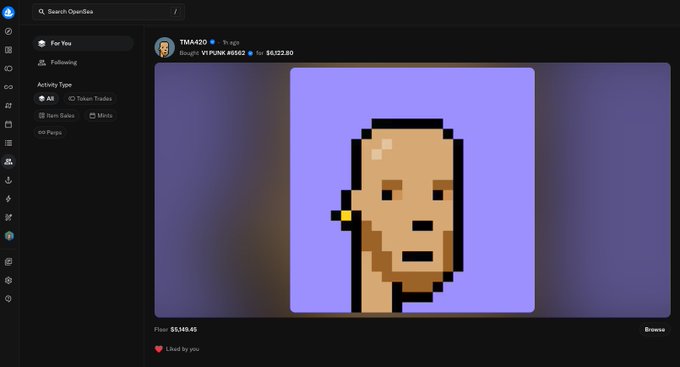 A screenshot of the OpenSea NFT marketplace showing a pixel-art portrait NFT from user 'TMA420' (contract W1PUNK #6592), bought for 5,149.45.