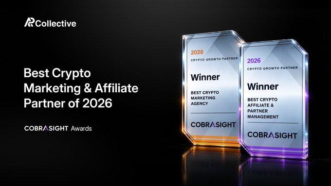 A promotional banner for 'R Collective' announcing 'Best Crypto Marketing & Affiliate Partner of 2026' at the 'COBRA SIGHT Awards', featuring two illuminated trophy awards.