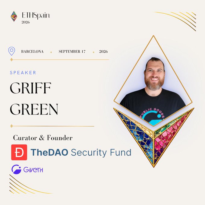 An 'EHISpain 2026' speaker profile for Griff Green, Curator & Founder of TheDAO Security Fund and Giveth, with the event scheduled for September 17, 2026 in Barcelona.
