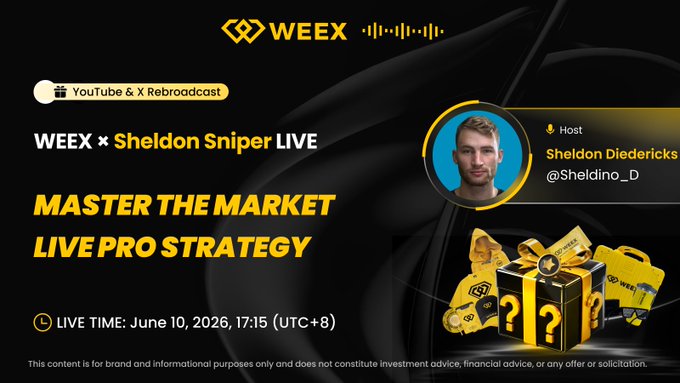The image features a poster for a live podcast or webinar titled "Master The Market Live Strategy" with a man's face on it, possibly a guest speaker. The poster also includes a question about the market strategy being discussed. The background of the poster is black and white, which contrasts with the yellow text that reads "WEEX x REBANDOAST".