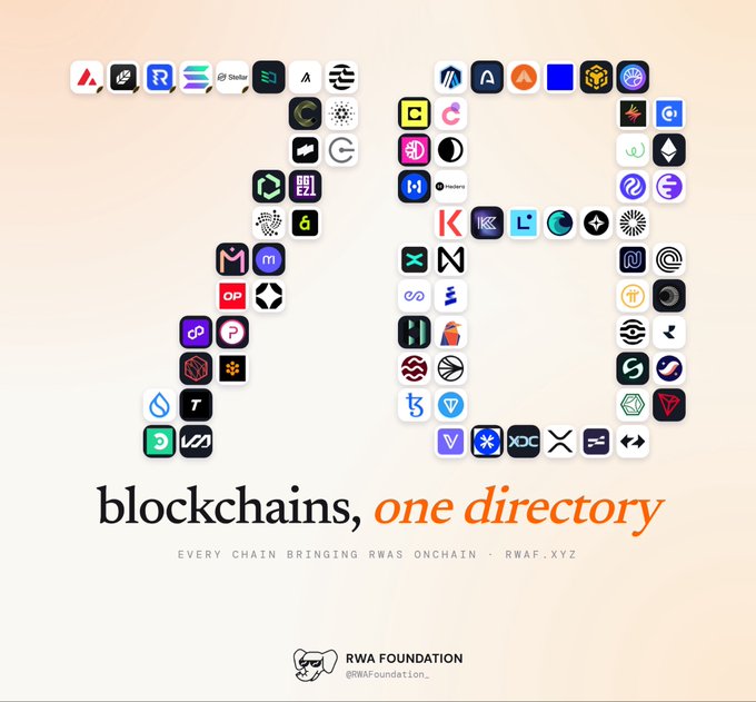 A promotional graphic for the 'RWA Foundation' displaying numerous blockchain logos arranged in columns with the tagline 'blockchains, one directory' and 'EVERY CHAIN BRINGING RWAS ONCHAIN · RWAF.XYZ'.