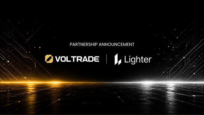 A dark partnership announcement graphic with 'PARTNERSHIP ANNOUNCEMENT' above the Voltrade and Lighter logos.