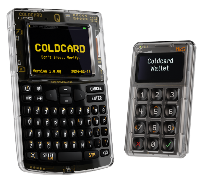 Two Coldcard hardware cryptocurrency wallets are displayed: a Q model showing version 1.0.0Q with the slogan 'Don't Trust. Verify.' and an Mk6 displaying 'Coldcard Wallet' on a black background.