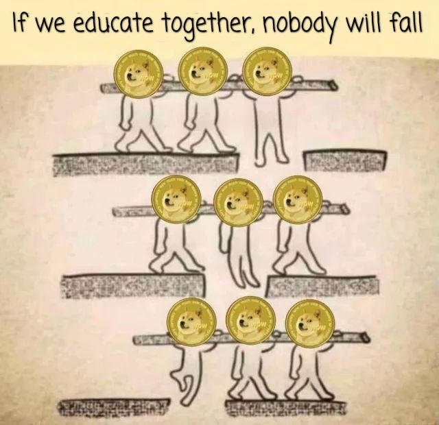An illustration showing stick figures carrying each other with doge coin faces, accompanied by the text 'If we educate together, nobody will fall'.