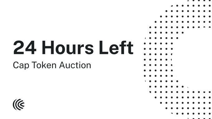 The image shows a white banner featuring an "L" shape with dots, which is part of a larger square. The text above this shape reads "24 Hours Left Cap Token Auction". Below the image, there's some additional information on the auction process, including that only tokens under a certain value or specific conditions will be auctioned off and that most of the remaining tokens will have 25% to be auctioned off in the last block.