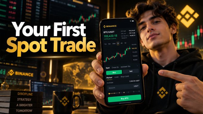 A promotional image titled "Your First Spot Trade" featuring a person holding a smartphone displaying the Binance app with a BTC/USDT trading interface.