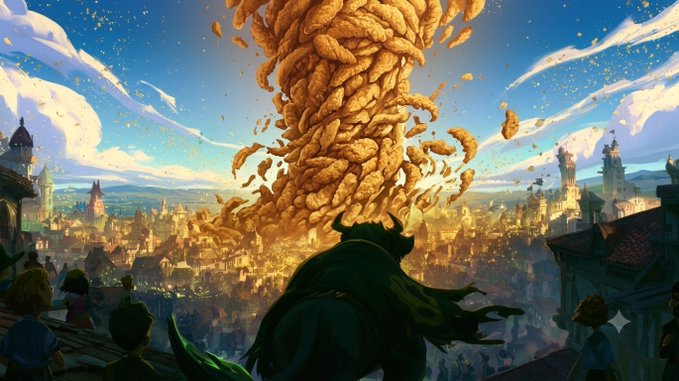 A towering tornado of chicken nuggets rips through a fantasy cityscape as onlookers and a caped figure watch in awe, vividly capturing the absurd, meme-fueled chaos of the "$tendies" coin's cult-like appeal.