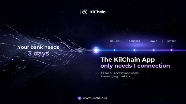 The image features a website with a dark blue background, featuring a white banner that reads "The KiiChainio blockchain infrastructure supports FX markets from initial core design of infrastructure and tokenomics. FX is not bolted on for the hype but carefully designed and crafted to address the FX opportunities and FX problems of traditional bank for the long term". The image also includes a line of purple stars, which are part of an animation that shows how the KiiChainio platform works.