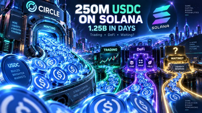 A vibrant digital promotional graphic for Circle announcing '250M USDC ON SOLANA - 1.25B IN DAYS' featuring trading and DeFi categories with glowing blue USDC coins flowing through a futuristic cityscape.