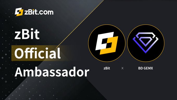 A promotional banner announcing that BD GemX is now the Official Ambassador of zBit.com, featuring the zBit logo alongside the BD GemX diamond logo on a dark background. The post highlights their new partnership aimed at expanding zBit's community and growing the global crypto ecosystem.