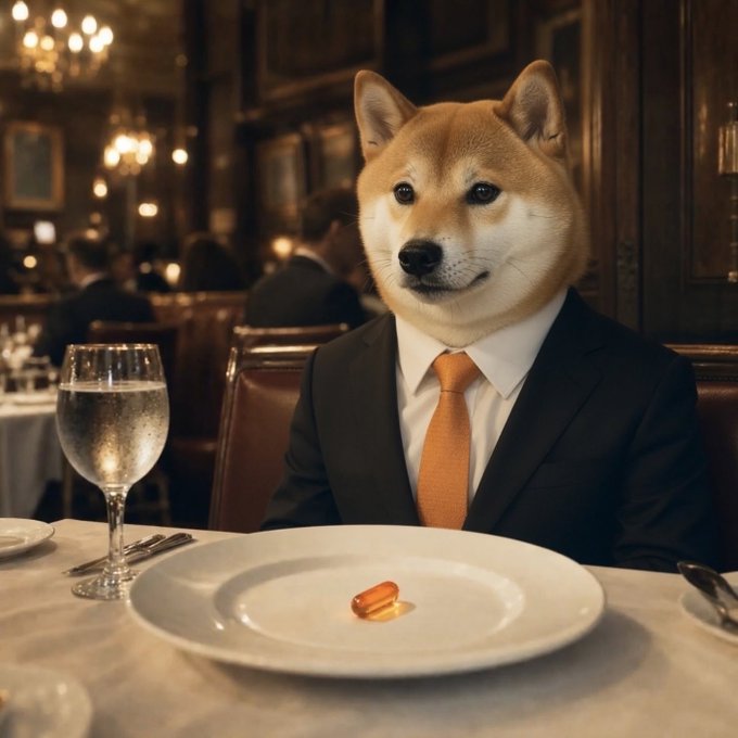 The image features a dog dressed as a businessman sitting at a table with a plate of food, specifically an orange pill or vitamin C tablet. The dog appears to be wearing a suit and tie, giving it a professional appearance. The background shows other people in the restaurant setting, indicating that this scene is taking place in a public dining area.