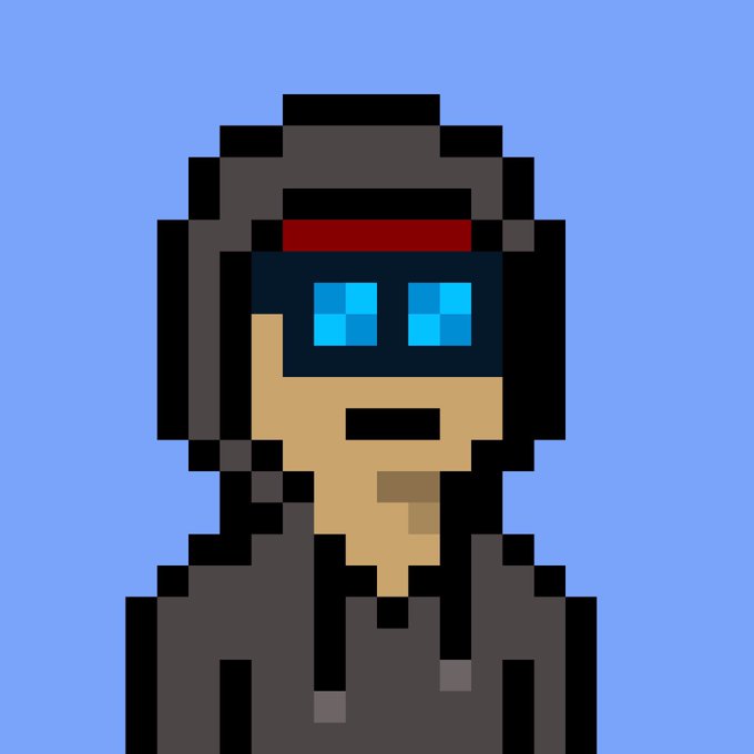A pixel art illustration of a hooded figure wearing a VR headset with glowing blue lenses, set against a light blue background.