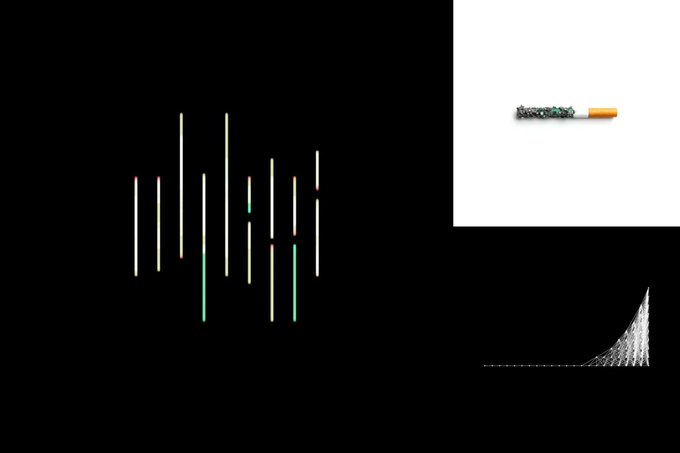 An abstract artistic image showing vertical line patterns on black background with an inset image of a cigarette on white.
