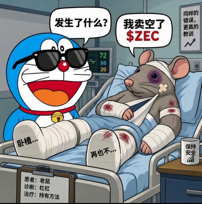 A cartoon meme featuring Doraemon wearing sunglasses visiting a battered rat in a hospital bed, with Chinese text bubbles saying '发生了什么?' (What happened?) and '我卖空了$ZEC' (I shorted $ZEC), with medical paperwork below.