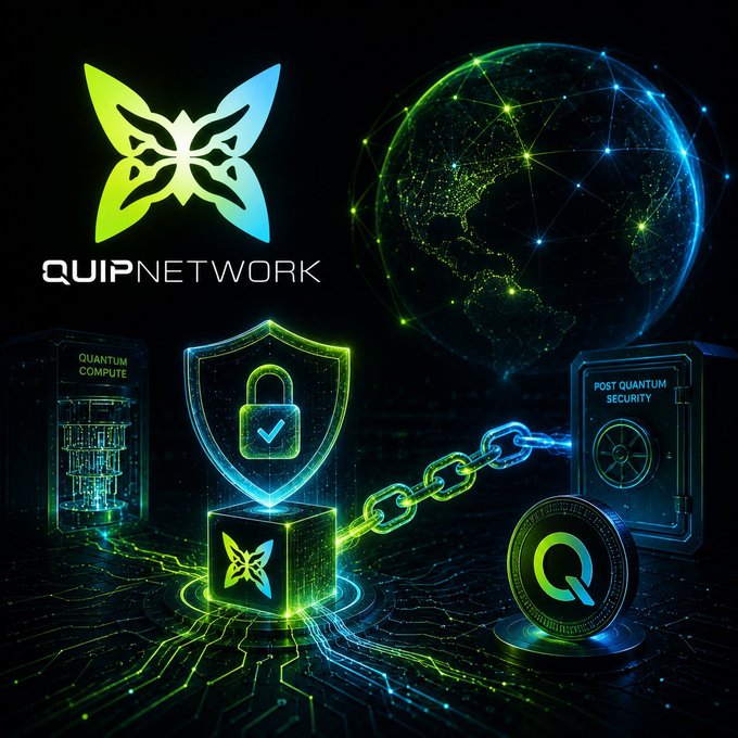 A dark, futuristic promotional graphic for 'QUIPNETWORK' featuring a glowing green and blue butterfly logo, a digital globe, a central shield and padlock, and elements labeled 'QUANTUM COMPUTE' and 'POST QUANTUM SECURITY' connected by a chain.