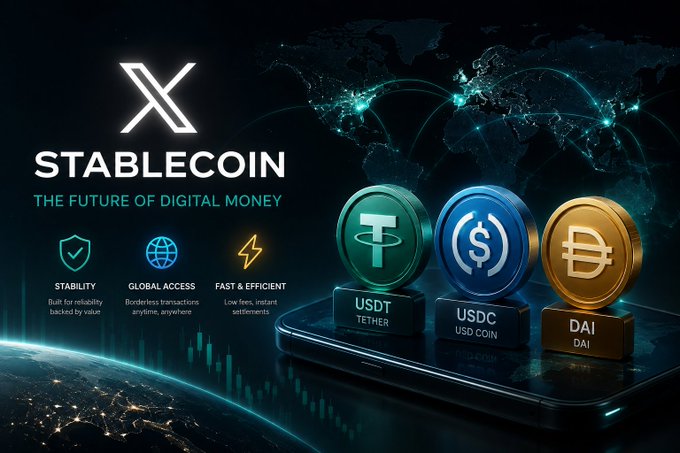 A promotional graphic titled 'STABLECOIN - THE FUTURE OF DIGITAL MONEY' featuring coins for USDT (Tether), USDC (USD Coin), and DAI, highlighting stability, global access, and fast & efficient transactions.