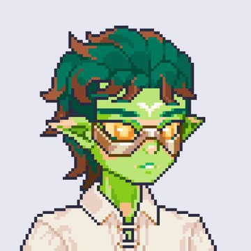 A pixel art portrait of a green-skinned character with pointy ears, wearing yellow-tinted glasses, a white collared shirt, and a teal tie, with dark green hair.