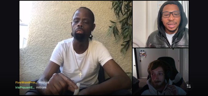 A split-screen video podcast or livestream featuring three participants, with usernames 'FiveWoodPrint' and 'IrisPiquant' visible, showing a man in a white shirt with a cross necklace and another in a black hoodie.