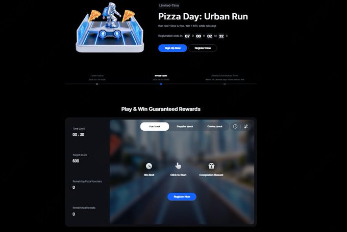 The image features a website for a pizza run event, with an animated game shown featuring two characters riding pizzas down a street. It also includes a form for users to sign up and access information about the upcoming event.