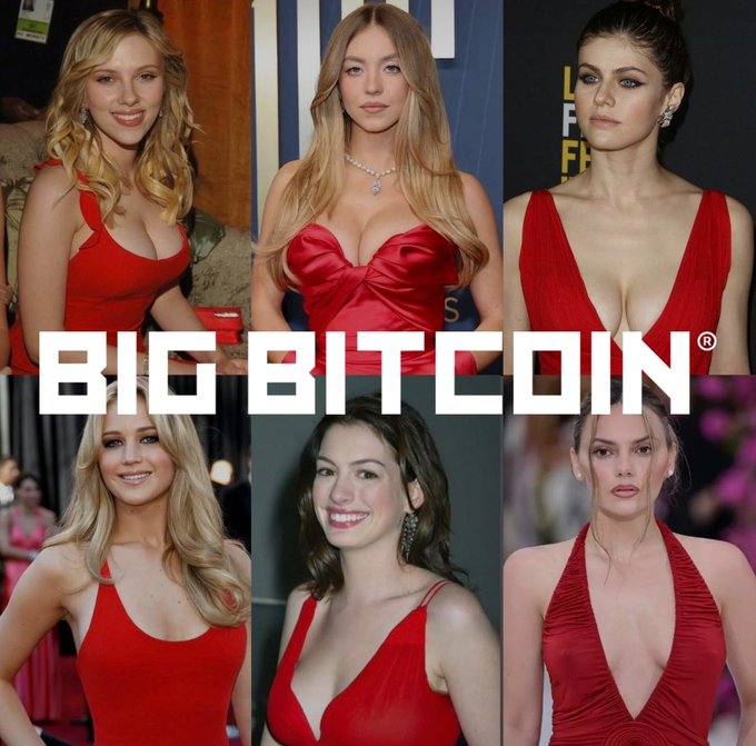 An advertisement for 'BIG BITCOIN' cryptocurrency features a collage of six different women wearing red dresses.