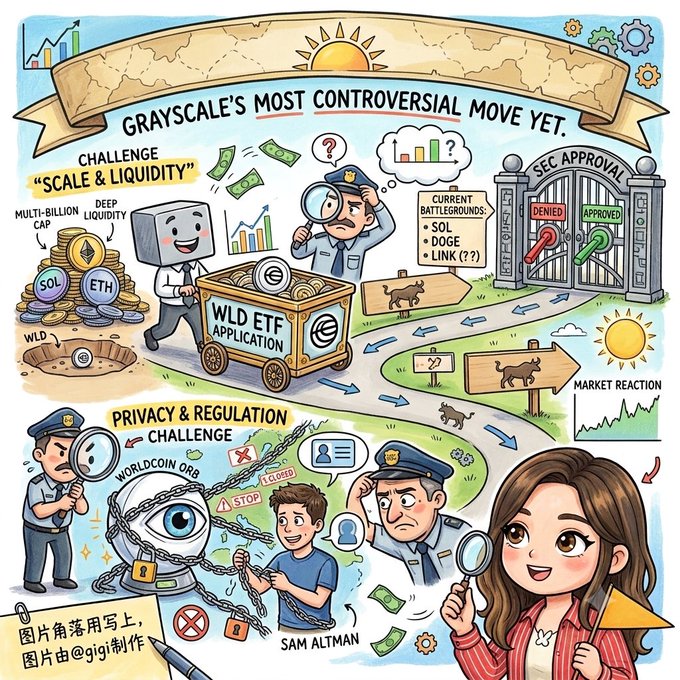 An illustrated infographic titled 'GRAYSCALE'S MOST CONTROVERSIAL MOVE YET' depicting a WLD ETF application facing scale & liquidity challenges, SEC approval gates, and privacy/regulation challenges involving Sam Altman and a 'Worldcoin Orb'.