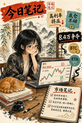 An illustrated notebook-style image features a girl with glasses looking at a chart showing 'BTC 84,000 USD +1.32%' alongside Chinese text including '今日笔记' (Today's Notes), '高利率挤压', and '8.4万争夺', with a cat resting on papers.