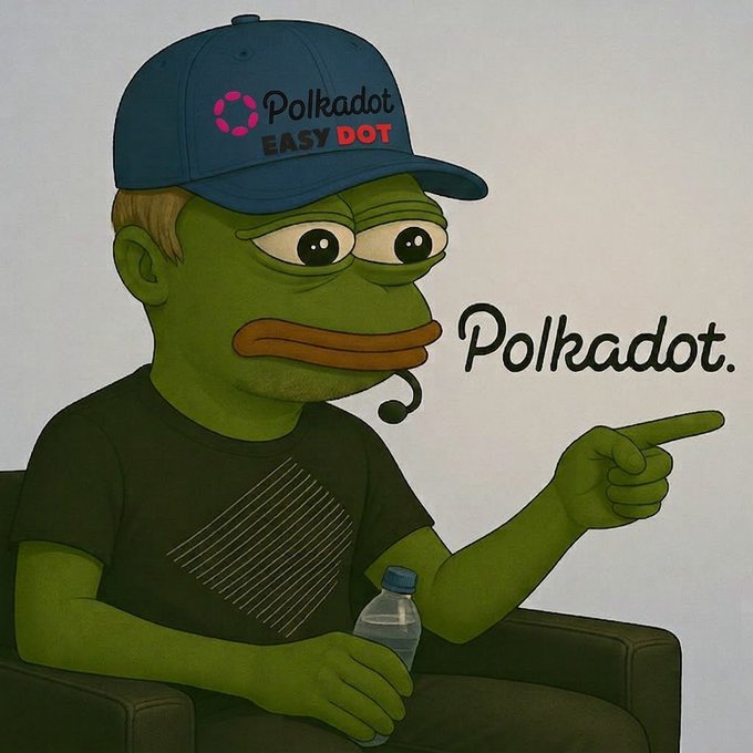 An illustration of the Pepe the Frog meme character wearing a 'Polkadot EASY DOT' cap and pointing to the text 'Polkadot.'