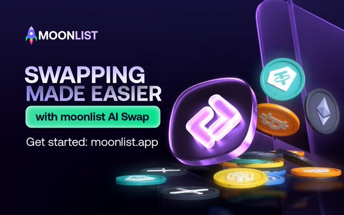 A promotional graphic for Moonlist featuring the headline "SWAPPING MADE EASIER with moonlist AI Swap" alongside the URL "moonlist.app." The visual showcases the Moonlist logo (a rocket), a smartphone displaying the app, and various cryptocurrency coin icons including Bitcoin, Ethereum, and XRP, complementing the post's praise of the DeFi tool's AI-driven, MEV-protected cross-network transaction capabilities.