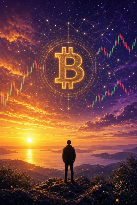 A digital illustration shows a silhouetted figure standing on a cliff overlooking a sunset, with a glowing golden Bitcoin symbol and candlestick chart floating in the starry purple sky above.
