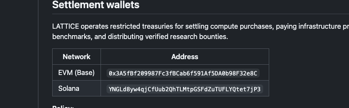 The image displays a "Settlement wallets" section listing LATTICE's treasury wallet addresses for EVM (Base) at 0x3A5fbf209987Fc3f8Cab6f591Af5DA0b98F32e8C and Solana at YNGLd8yw4qJcfUub2QhTLMtpGSFdZuTUFLYQtet7jP3. The post references a different Solana address (ofa2SvU7d3mh216Vp3MaQTfmVWmPSXKvVbDn8G2pump), suggesting the user is questioning whether a wallet containing 11k is an official LATTICE settlement address or a scam.