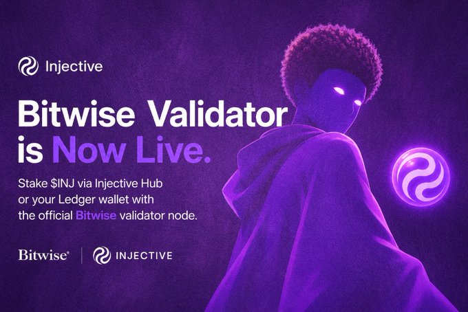 The promotional image features a stylized purple-toned figure alongside text announcing "Bitwise Validator is Now Live," with details to "Stake $INJ via Injective Hub or your Ledger wallet with the official Bitwise validator node." The Injective and Bitwise logos are displayed at the bottom, visually reinforcing the post's announcement of Bitwise's official validator joining the Injective ecosystem.