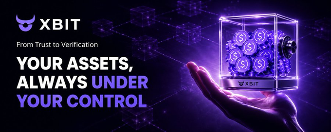 A hand cradles a glowing purple cube filled with coins marked "$," branded with the "XBIT" logo, alongside the tagline "From Trust to Verification" and the bold message "YOUR ASSETS, ALWAYS UNDER YOUR CONTROL." The image visually reinforces the post's emphasis on crypto platform security and user asset protection, echoing XBIT's verifiable, trust-based approach.