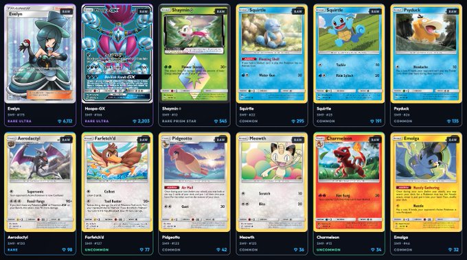 A collection of 12 vintage Pokémon cards from various sets, including Eevee #015 (Dark Ultra), Hoopa-GX #52 (Dark Ultra), Shaymin #010 (Rare Prism Star), Squirtle #33, Psyduck #33 (Common), Aerodactyl #30 (Rare), Pidgeotto #17 (Common), Meowth #25, Charmeleon #11 (Uncommon), and Eevee #55, with prices ranging from $0.32 to $3.12, showcasing the classic artwork and designs of older Pokémon TCG cards.